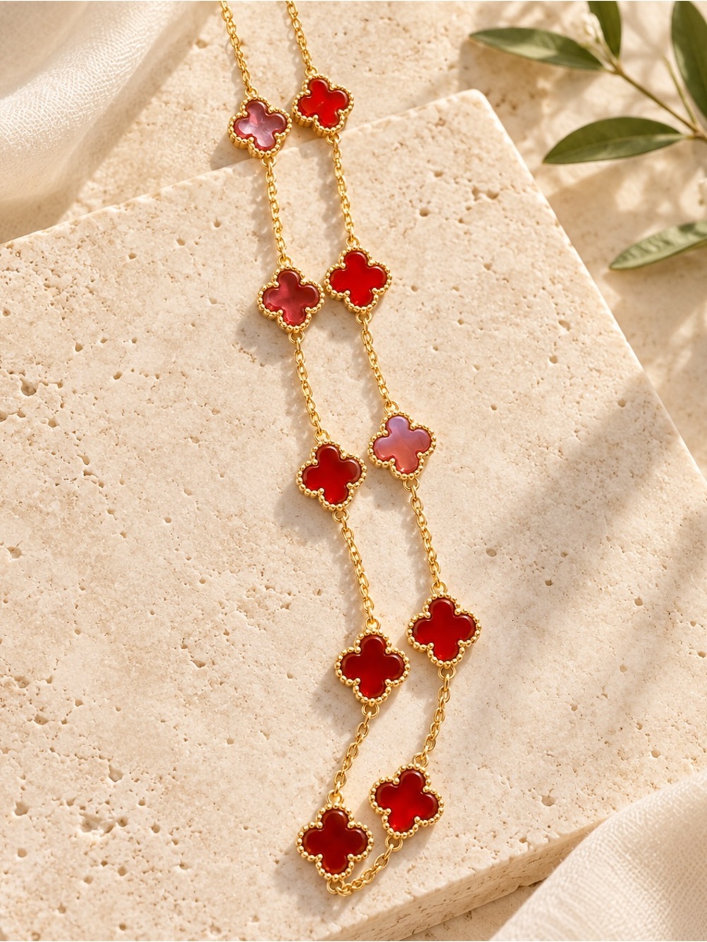 Red and Gold Clover Necklace Luxury Look